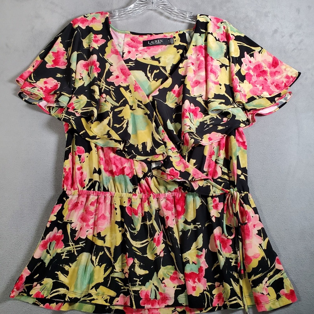 Lauren Ralph Lauren Babydoll Top Womens PL‎ Black Pink Floral Flutter Sleeve Y2K